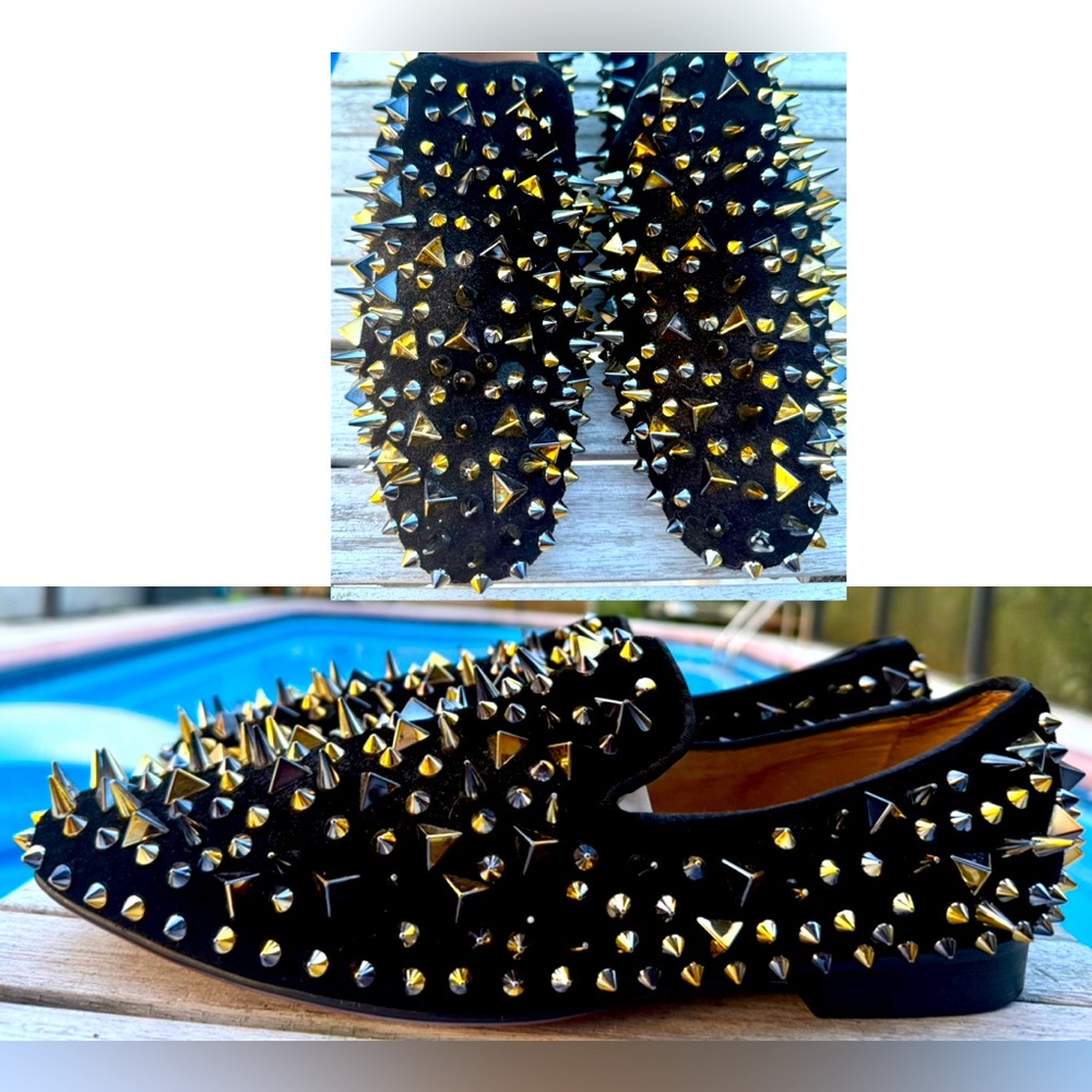 Merlutti Black Loafer Gold Rhinestones Spiked Rivets Flat Prom/Event Mens Size 8